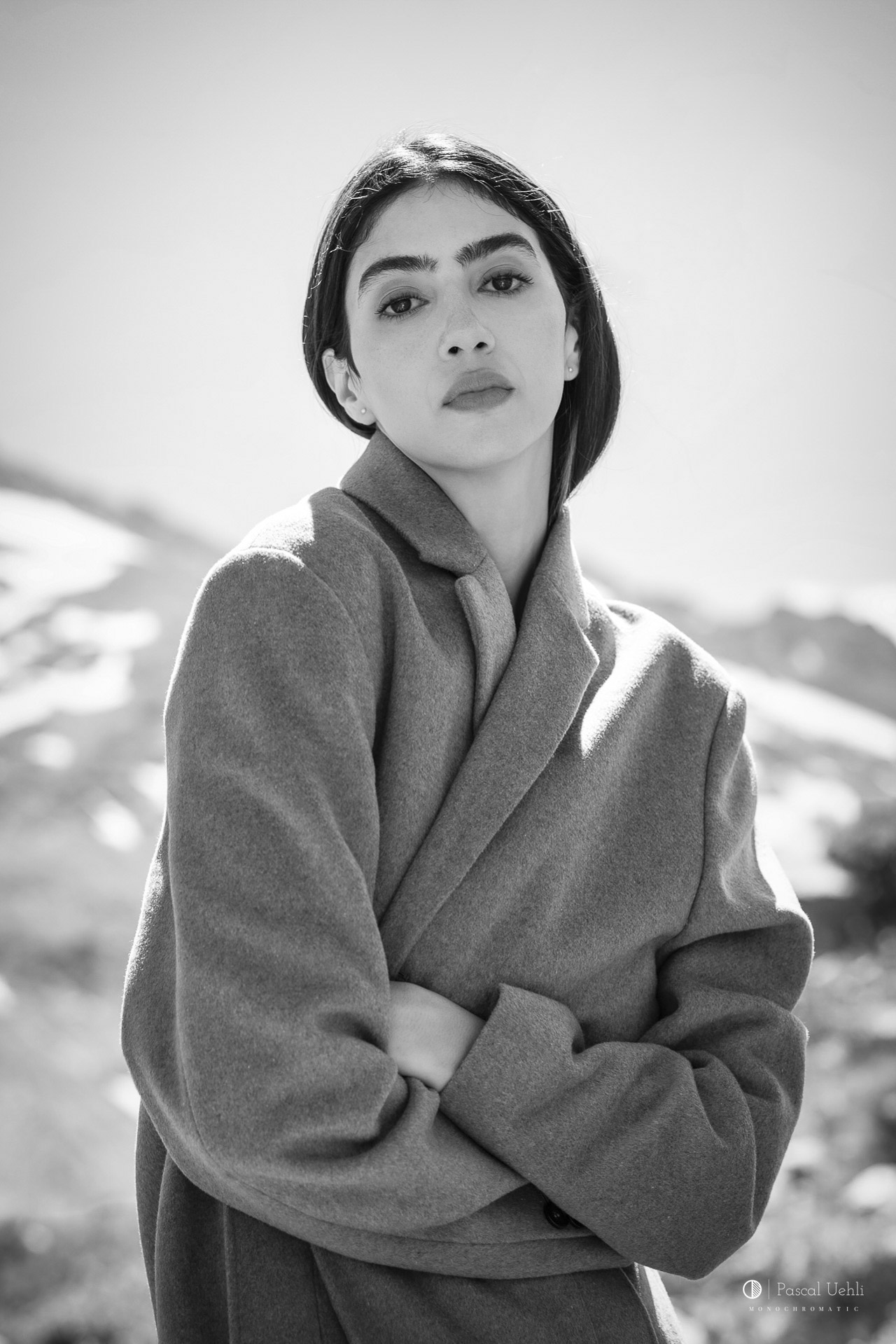 Brysa Kelly photographed in black and white at the Grimsel Pass by Pascal Uehli