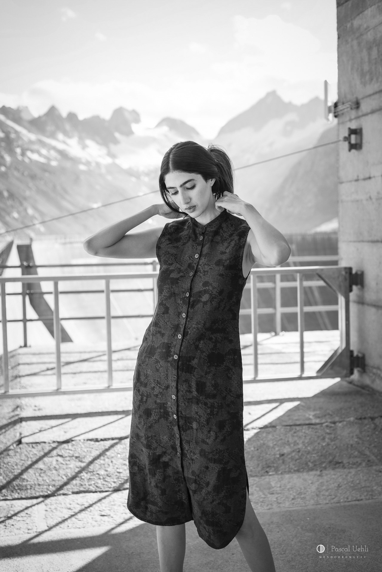 Brysa Kelly photographed in black and white at the Grimsel Pass by Pascal Uehli
